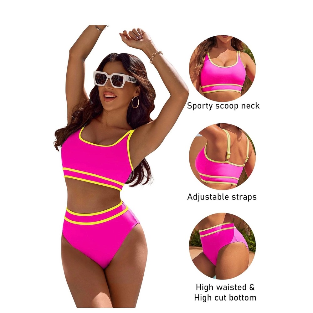 BMJL‎ Neon Pink Yellow Sporty High Waisted Bikini Set Two Piece Small NWT